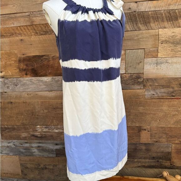 Banana Republic Blue and Cream Ruffled lined Silk Sundress with shoulder tie sz4 - Picture 2 of 6